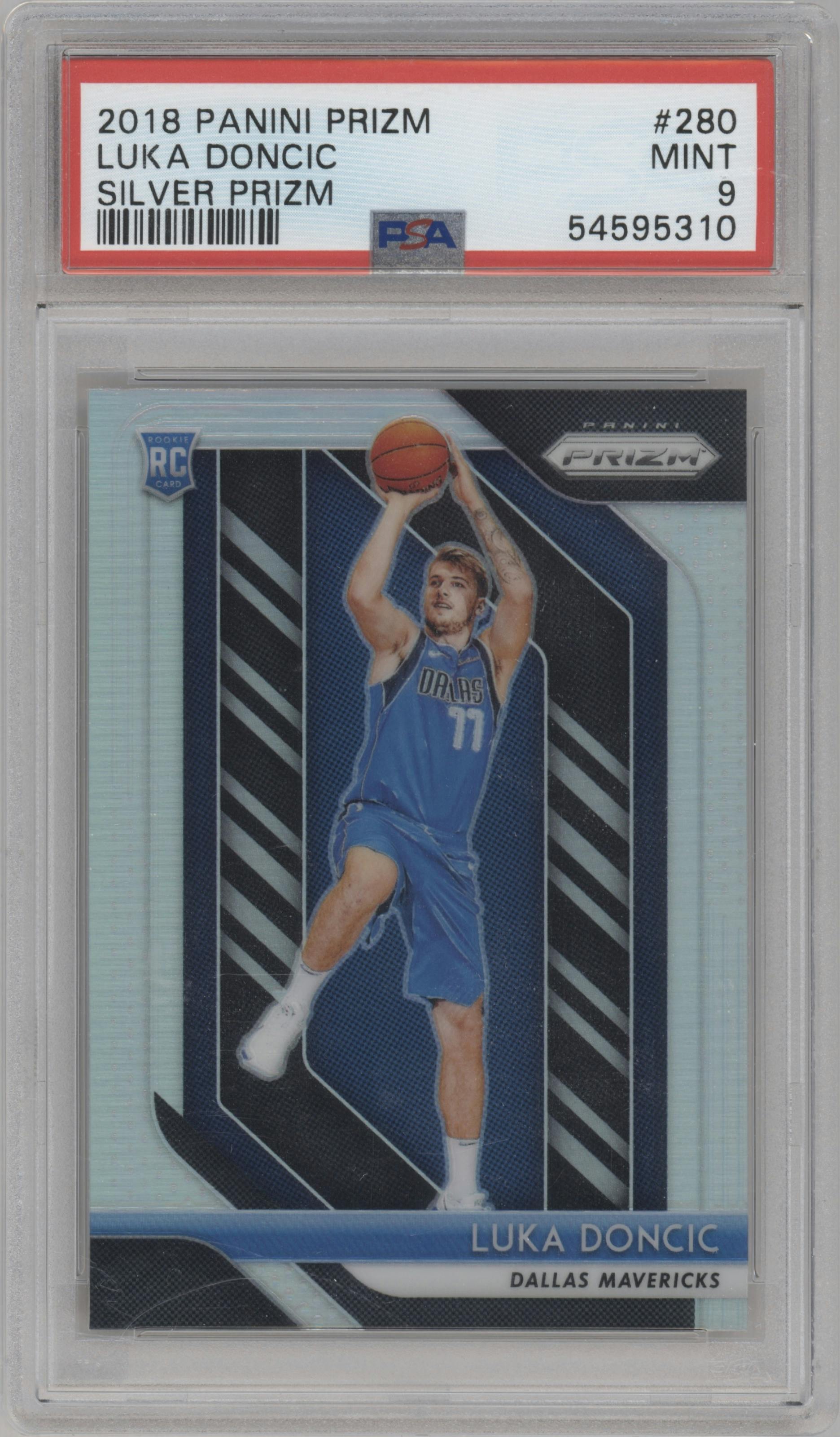 Luka Doncic from the 2018-19 Panini Prizm set featuring a Silver Prizm parallel graded by PSA and given an overall grade of 9.