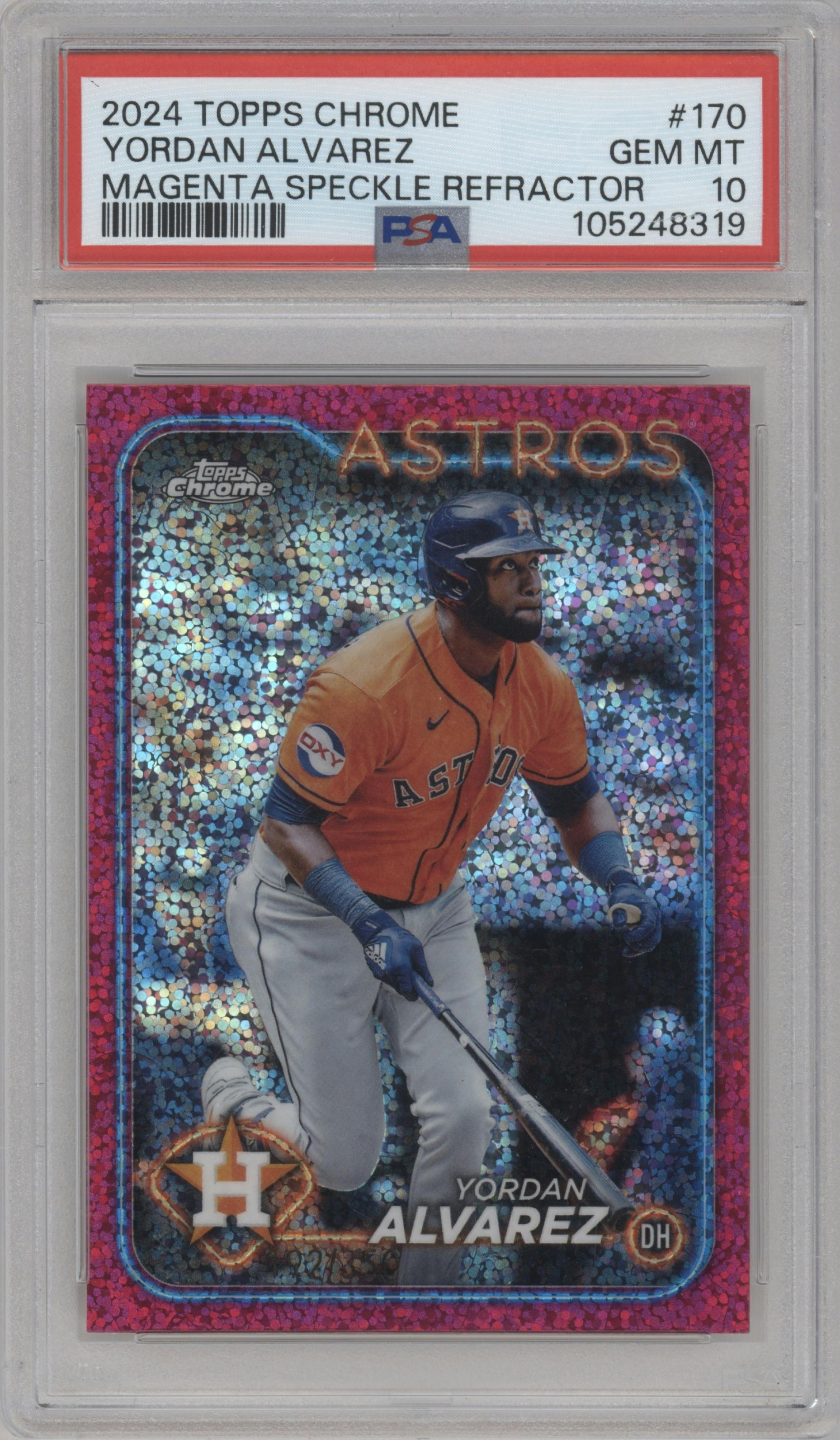 Yordan Alvarez from the 2024 Topps Chrome set featuring a Magenta Speckle Refractor parallel graded by PSA and given an overall grade of 10.