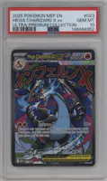 Mega Charizard X ex from the 2025 Pokemon Mega Evolution set featuring a Mega Charizard ex Ultra Premium Collection parallel graded by PSA and given an overall grade of 10.