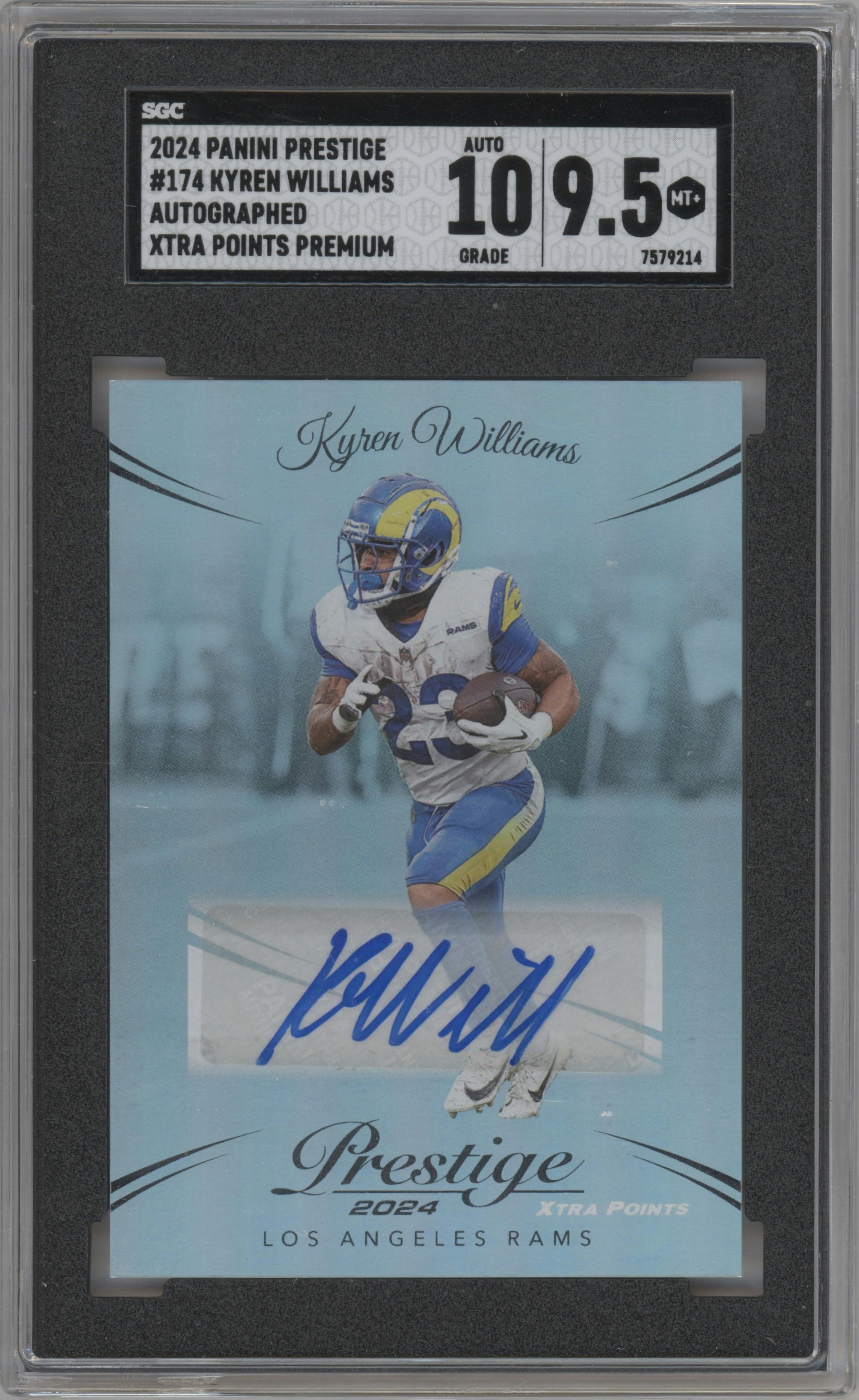 Kyren Williams from the 2024 Panini Prestige  set graded by SGC and given an overall grade of 9.5.