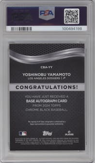 Yoshinobu Yamamoto from the  2024 Topps Chrome Black set graded by PSA and given an overall grade of 9.