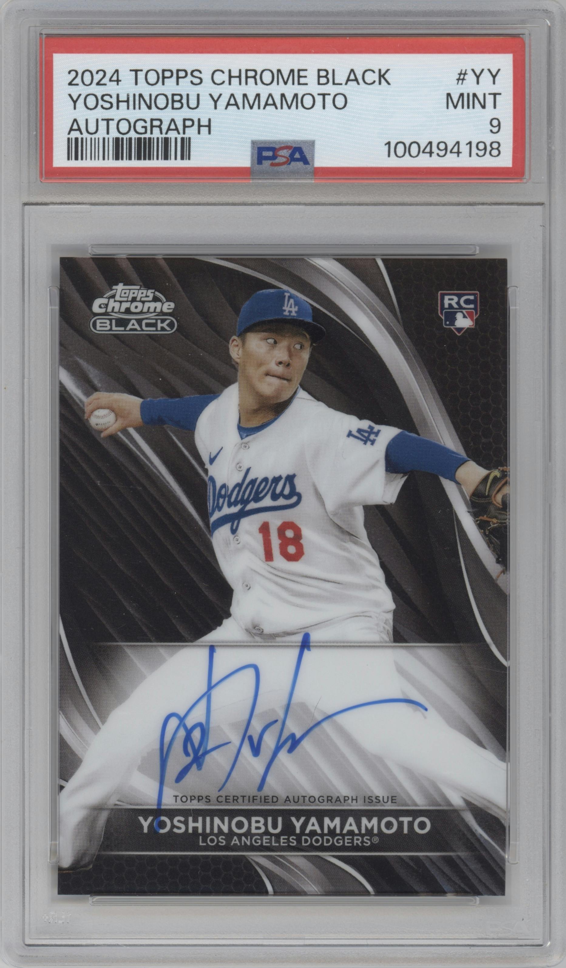 Yoshinobu Yamamoto from the  2024 Topps Chrome Black set graded by PSA and given an overall grade of 9.