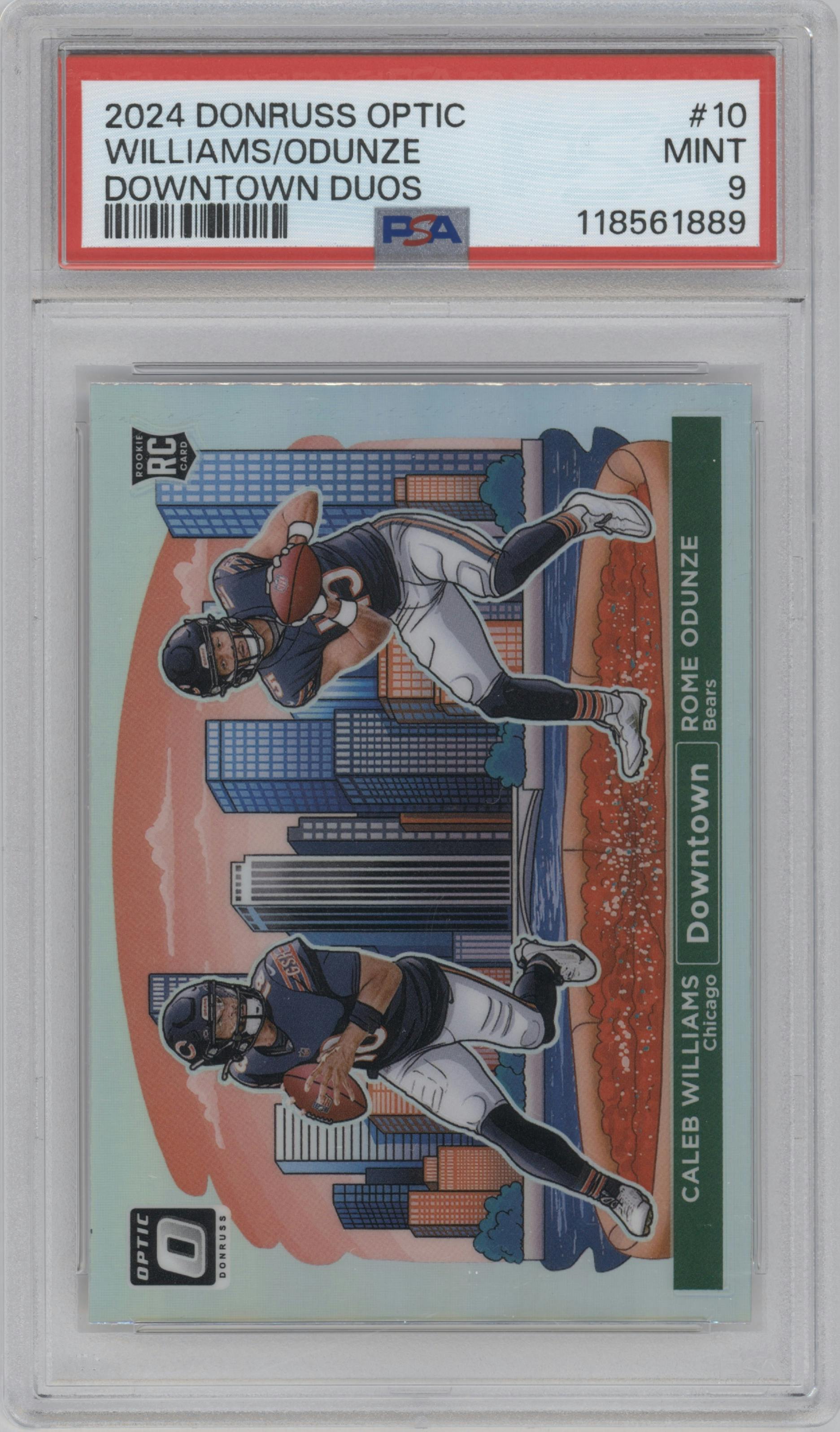 Caleb Williams/Rome Odunze from the 2024 Donruss Optic set graded by PSA and given an overall grade of 9.