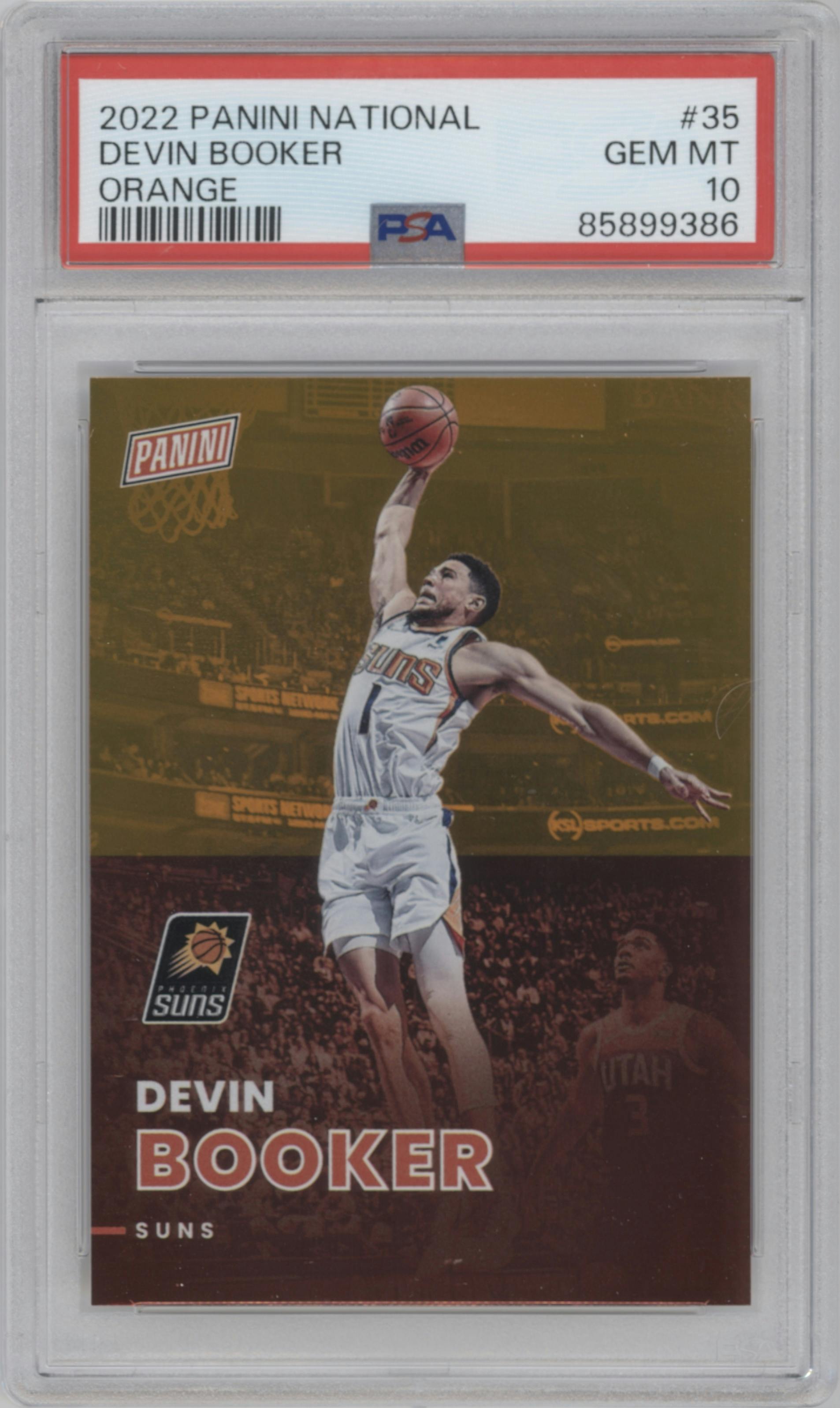 Devin Booker from the 2022 Panini The National VIP set featuring a Orange parallel graded by PSA and given an overall grade of 10.