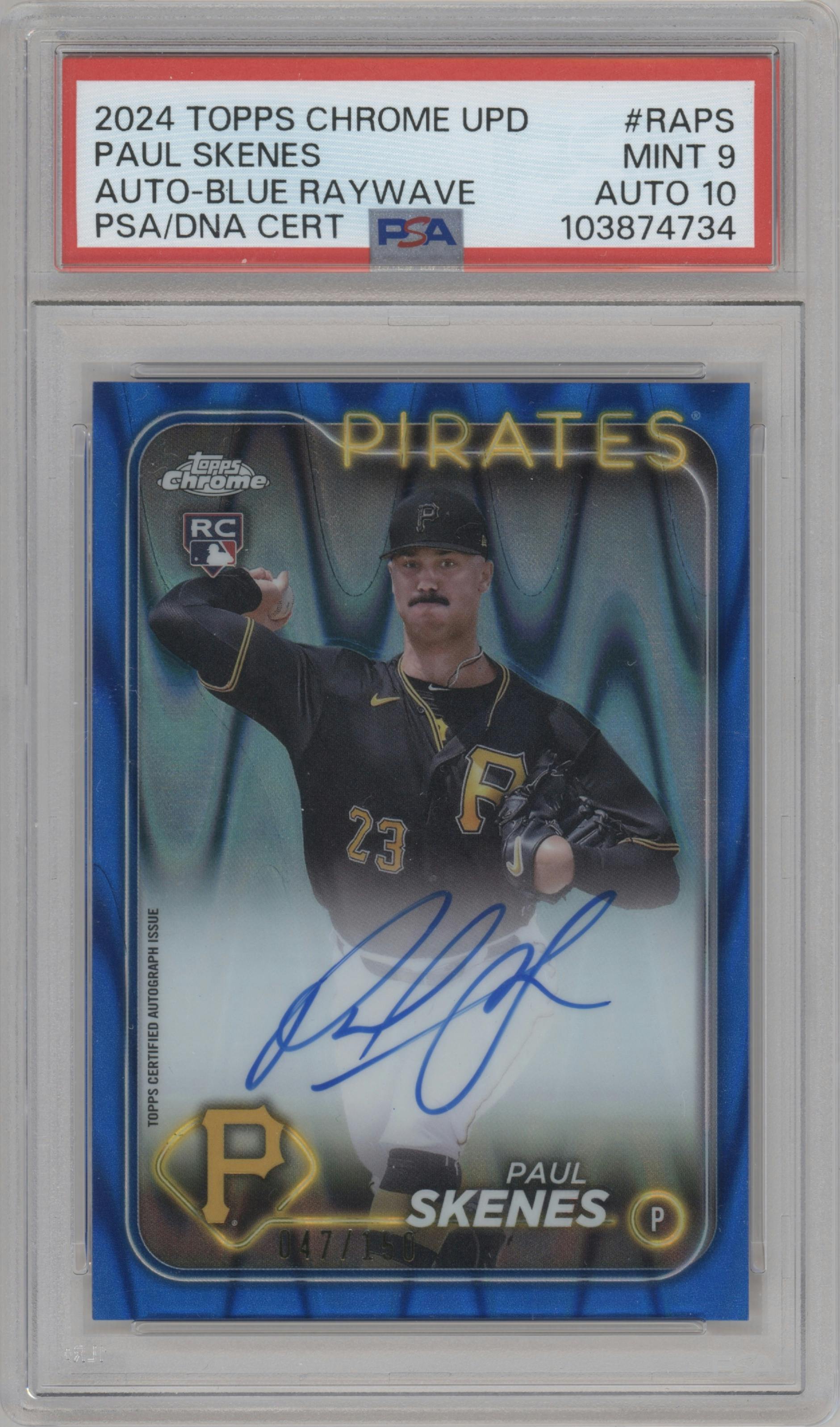 Paul Skenes from the 2024 Topps Chrome Update set featuring a Blue RayWave Refractor parallel graded by PSA and given an overall grade of 9.