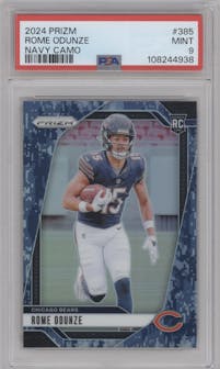 Rome Odunze from the 2024 Panini Prizm set featuring a Navy Camo parallel graded by PSA and given an overall grade of 9.
