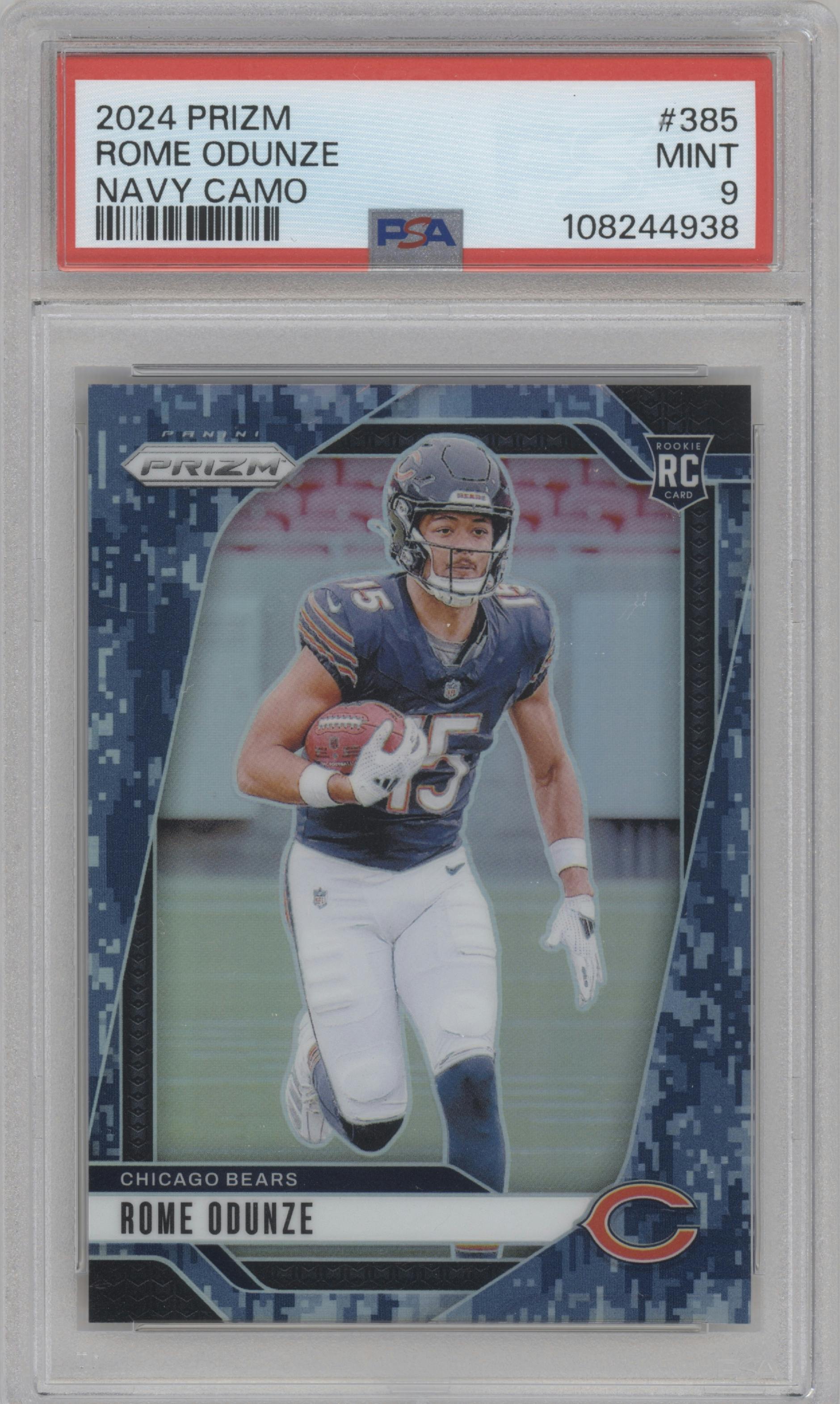Rome Odunze from the 2024 Panini Prizm set featuring a Navy Camo parallel graded by PSA and given an overall grade of 9.