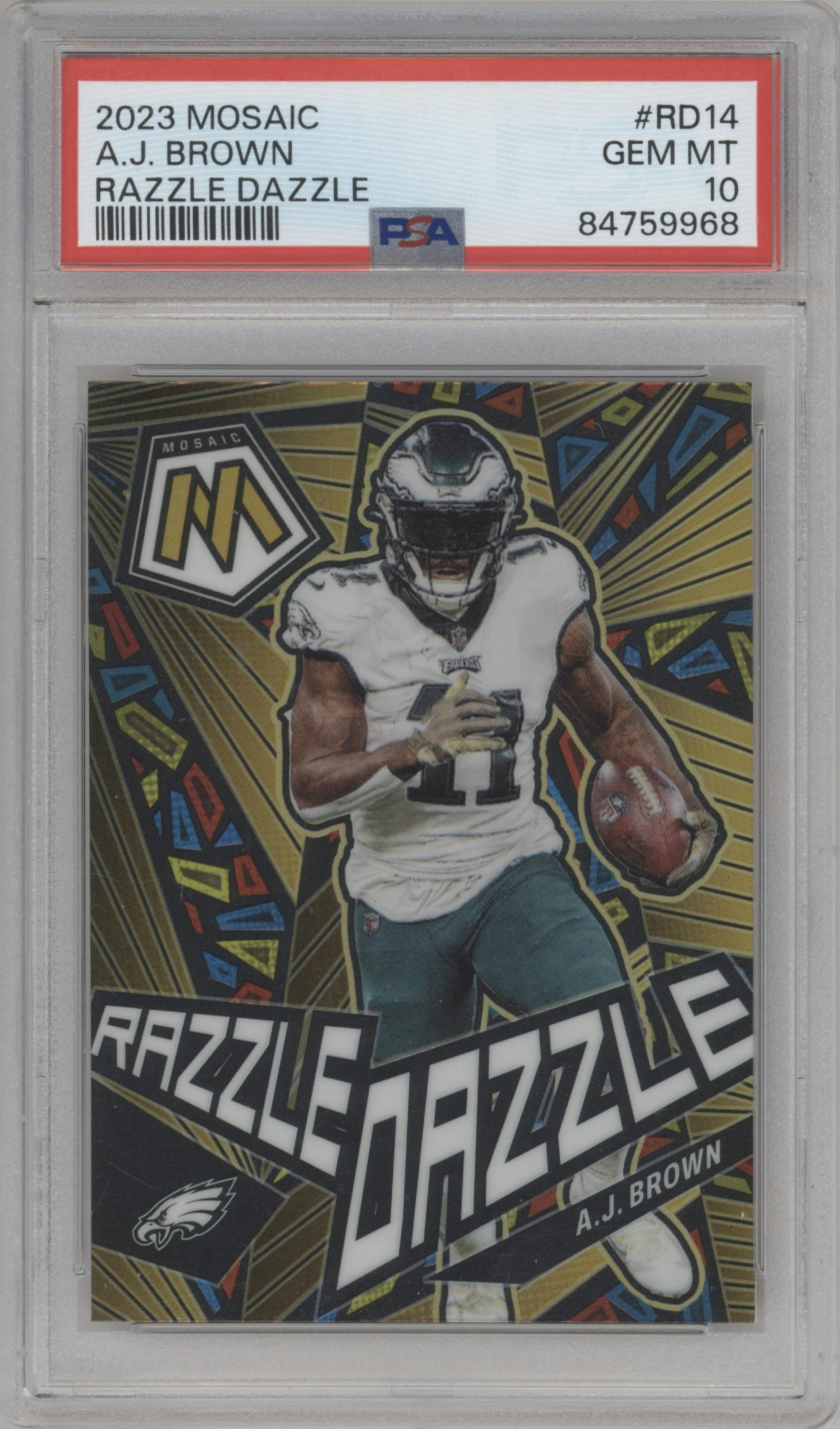 A.J. Brown from the 2023 Panini Mosaic set graded by PSA and given an overall grade of 10.