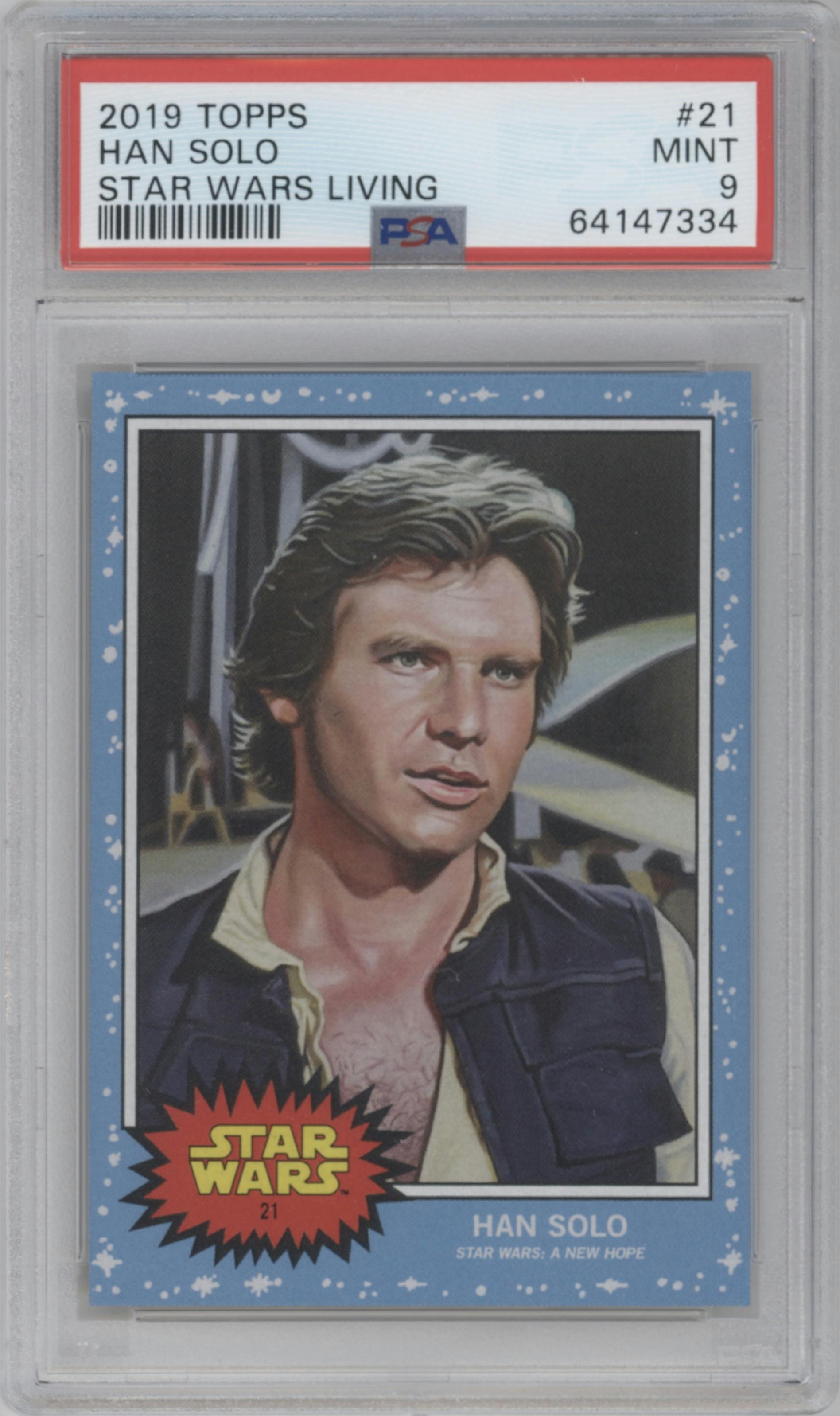 Han Solo from the 2019 Topps Living Star Wars set graded by PSA and given an overall grade of 9.
