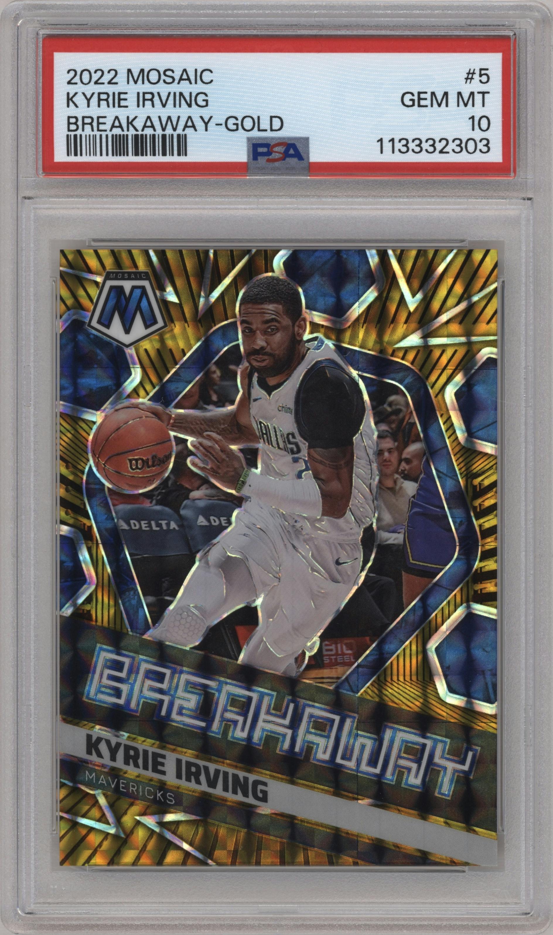 Kyrie Irving from the 2022-23 Panini Mosaic set featuring a Gold Mosaic parallel graded by PSA and given an overall grade of 10.