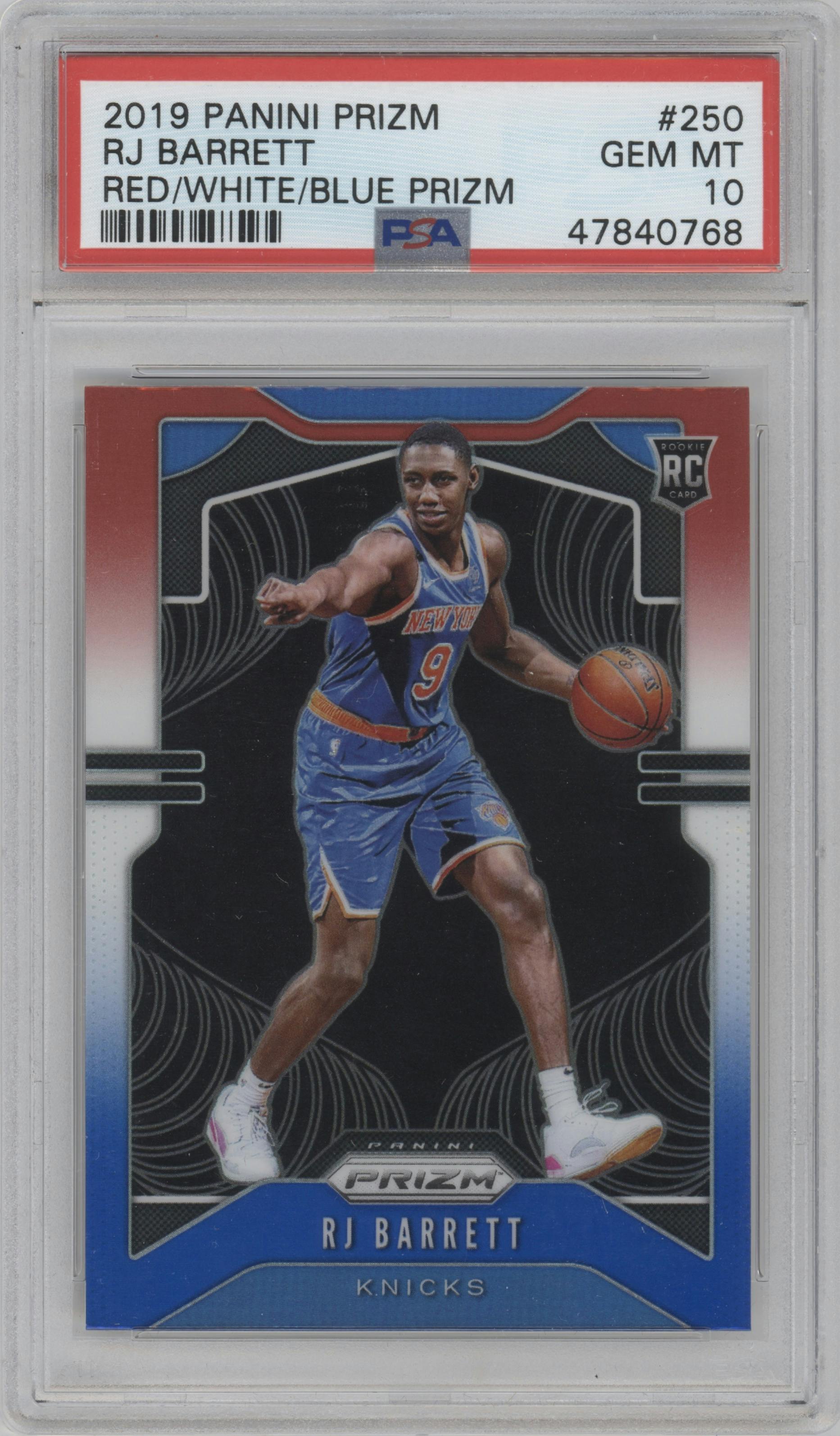 RJ Barrett from the 2019-20 Panini Prizm set featuring a Red/White/Blue Prizm  parallel graded by PSA and given an overall grade of 10.
