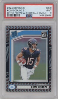 Rome Odunze from the 2024 Donruss set featuring a Football Emoji parallel graded by PSA and given an overall grade of 9.