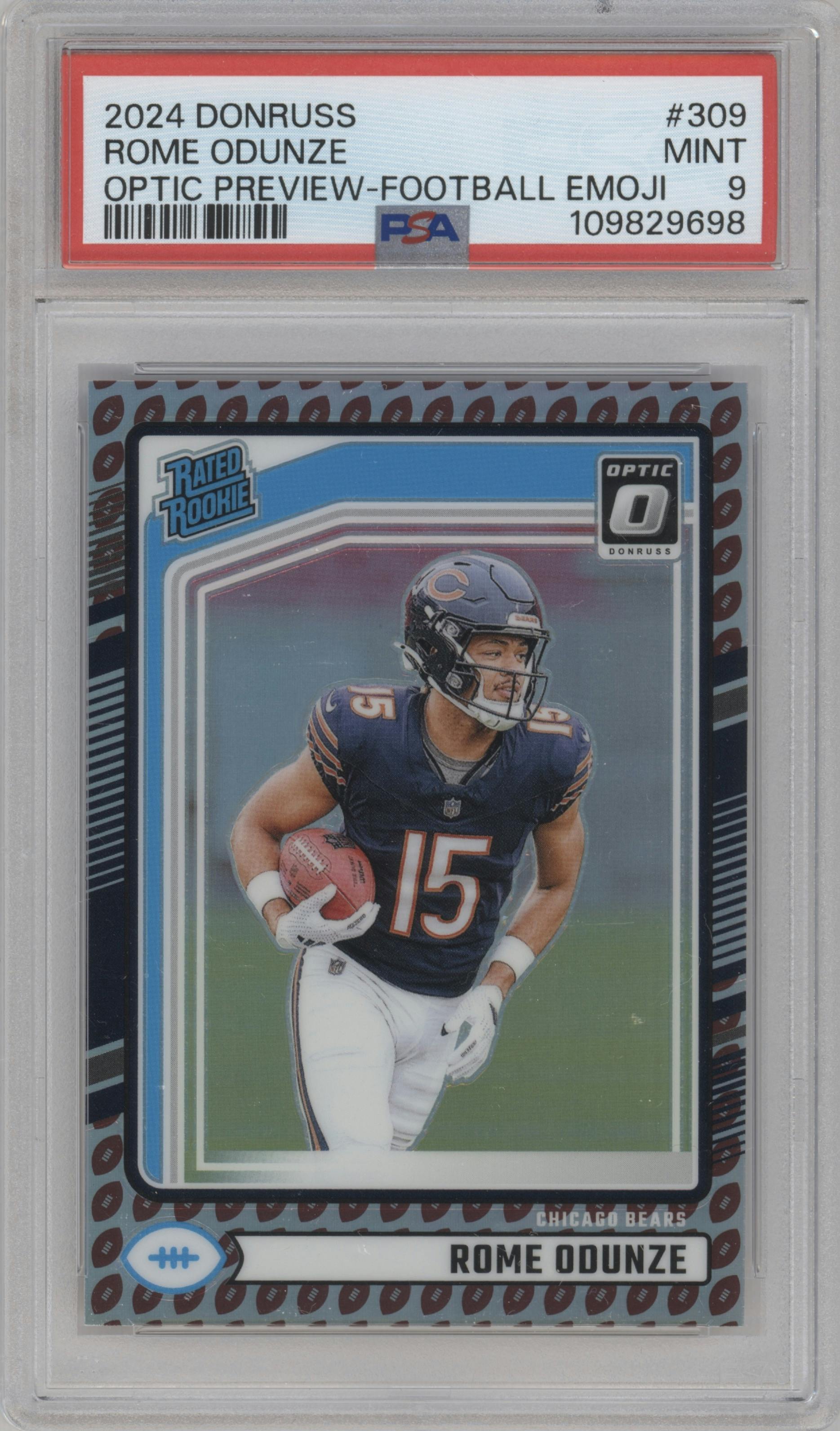Rome Odunze from the 2024 Donruss set featuring a Football Emoji parallel graded by PSA and given an overall grade of 9.