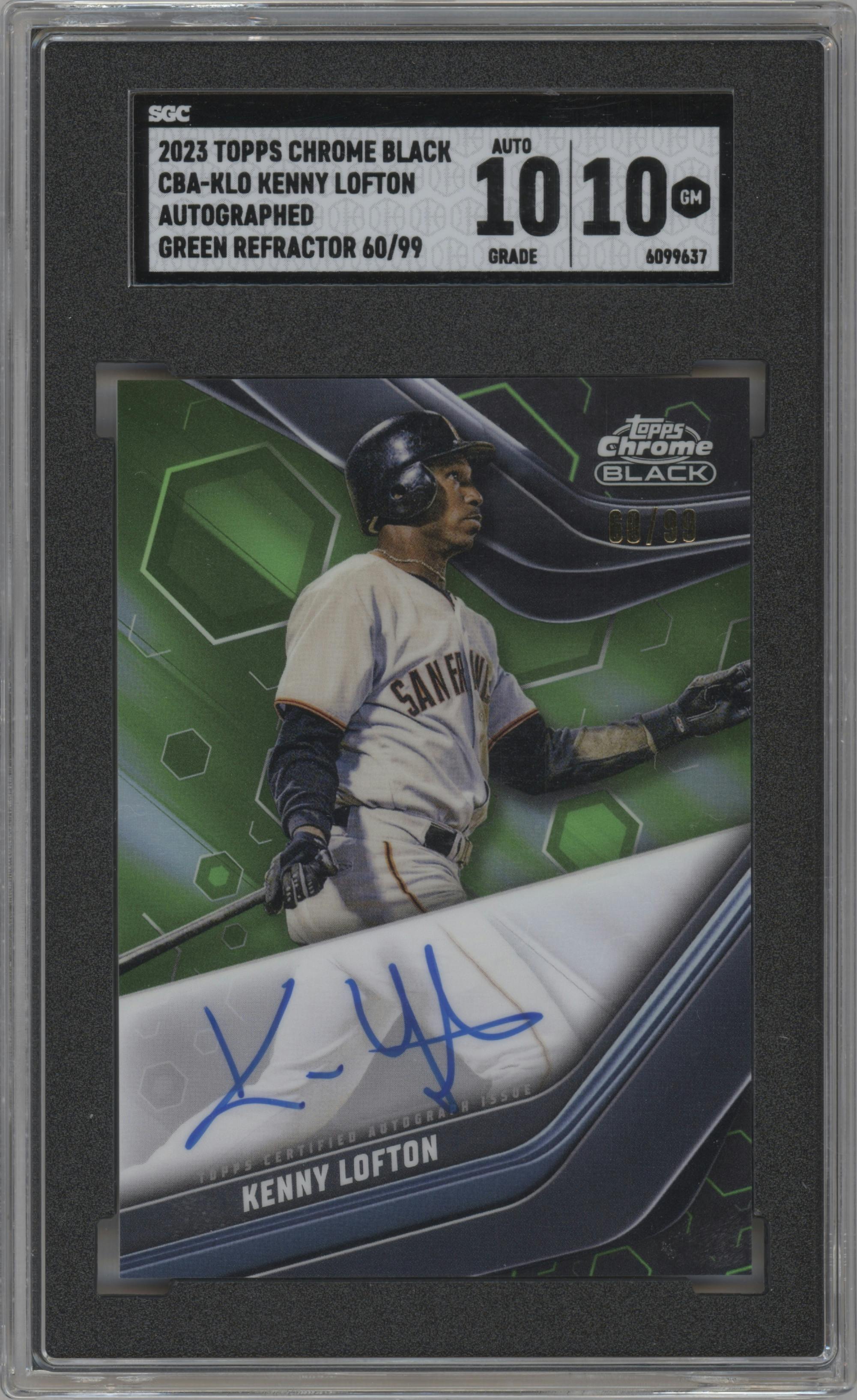 Kenny Lofton from the 2023 Topps Chrome Black set featuring a Green Refractor parallel graded by SGC and given an overall grade of 10.