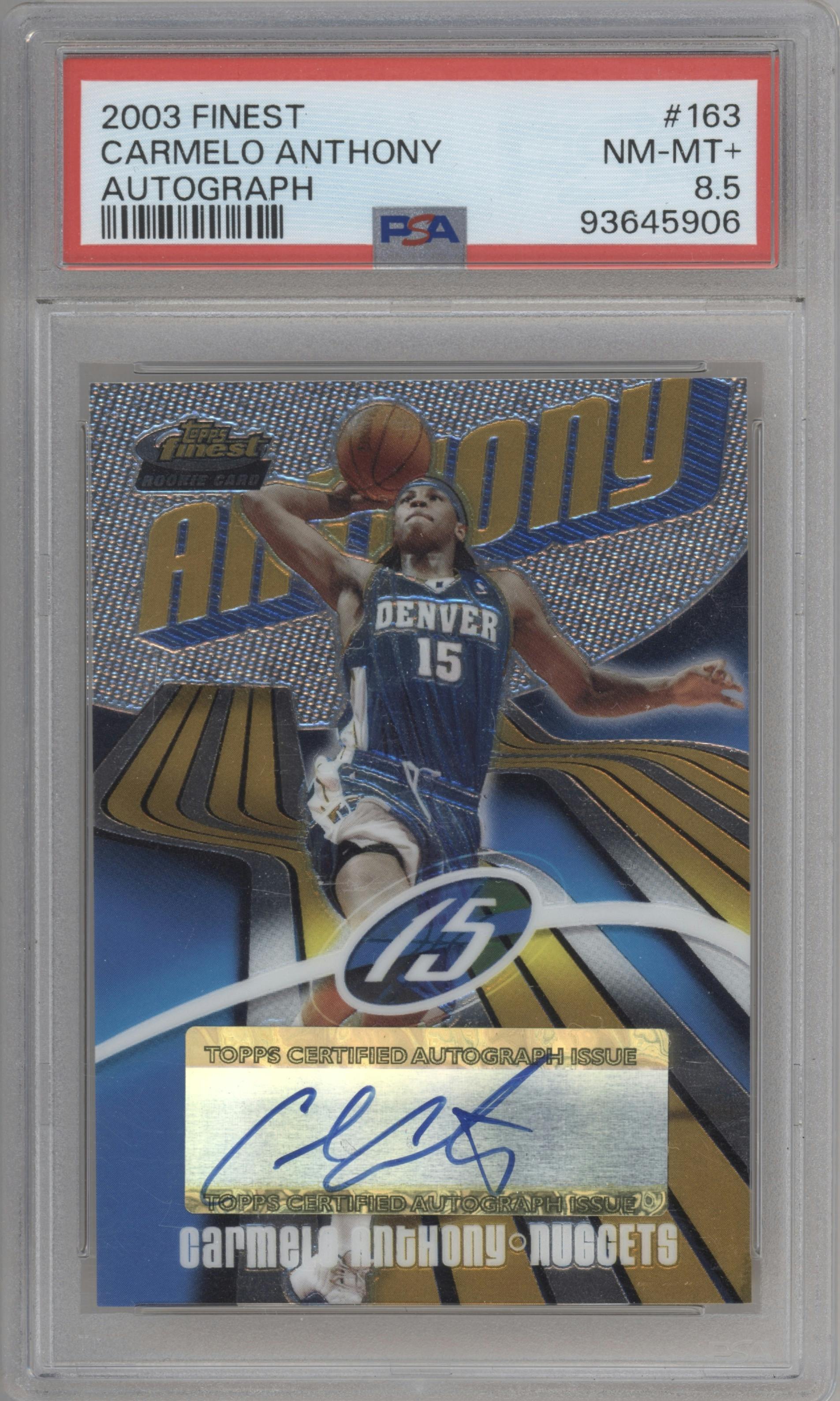 Carmelo Anthony from the 2003-04 Topps Finest set graded by PSA and given an overall grade of 8.5.