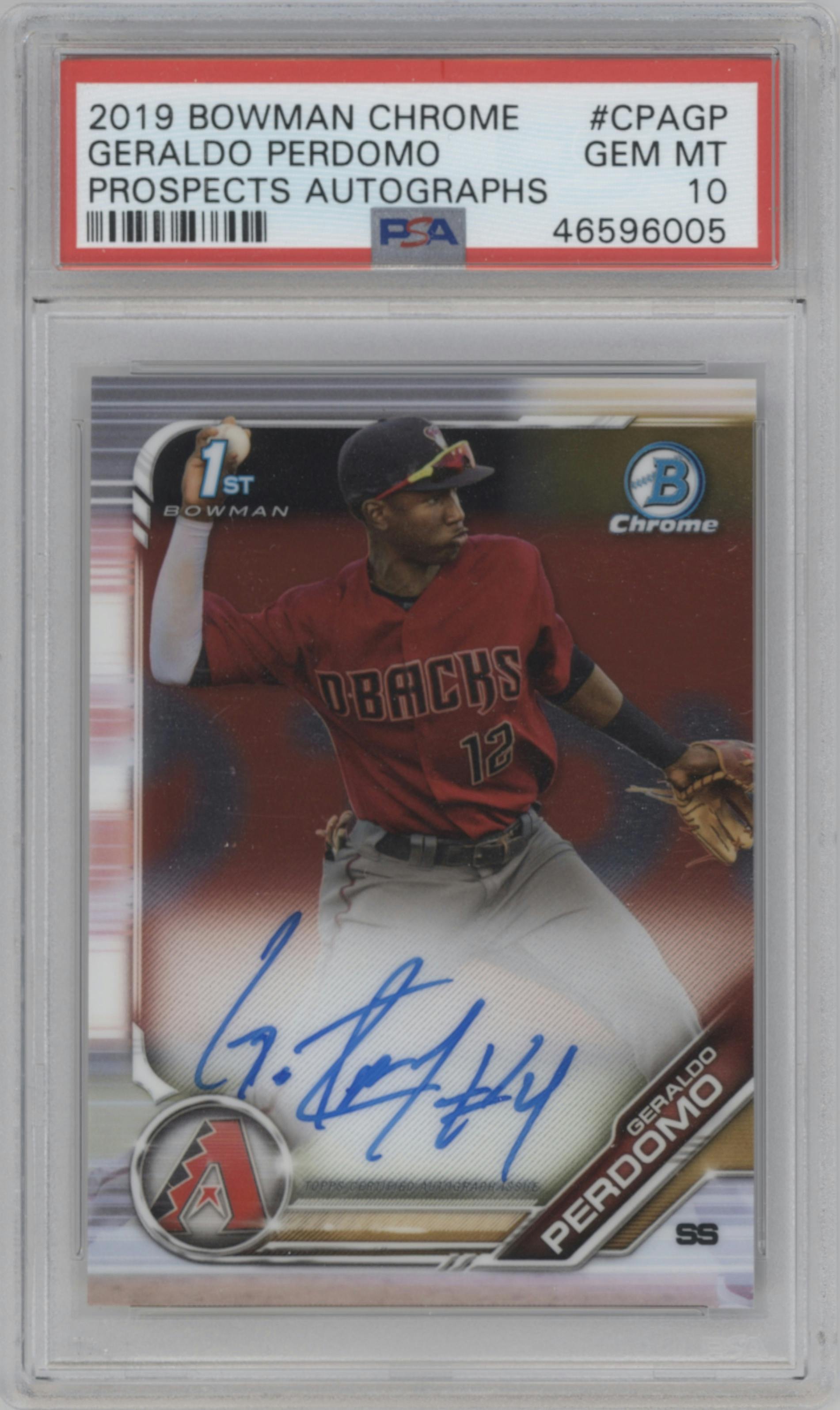 Geraldo Perdomo from the 2019 Bowman Chrome set graded by PSA and given an overall grade of 10.