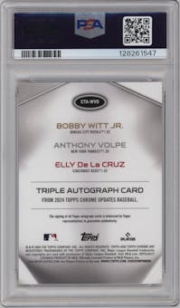 Bobby Witt Jr./Anthony Volpe/Elly De La Cruz from the 2024 Topps Chrome Update set featuring a Red Refractor parallel graded by PSA and given an overall grade of 9.