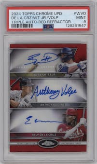 Bobby Witt Jr./Anthony Volpe/Elly De La Cruz from the 2024 Topps Chrome Update set featuring a Red Refractor parallel graded by PSA and given an overall grade of 9.
