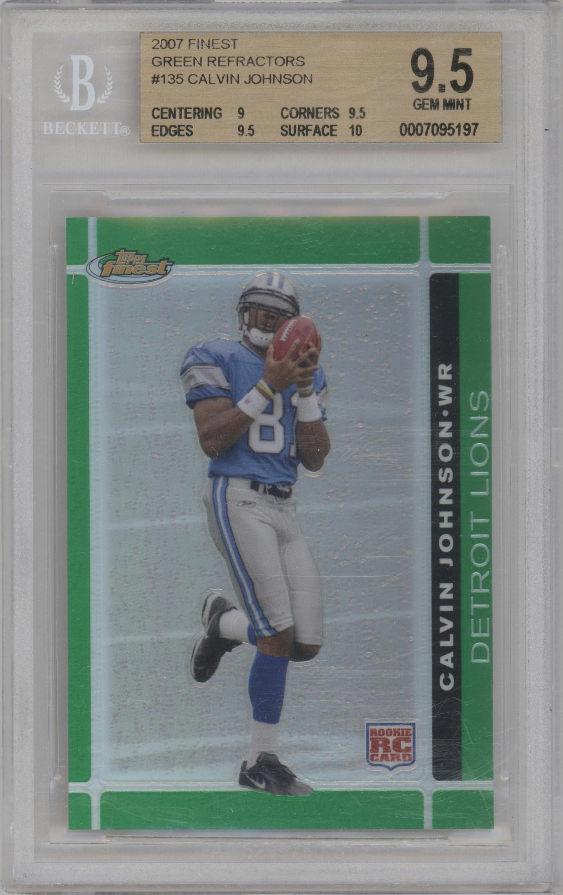 Calvin Johnson from the 2007 Topps Finest set featuring a Green Refractor parallel graded by Beckett and given an overall grade of 9.5.