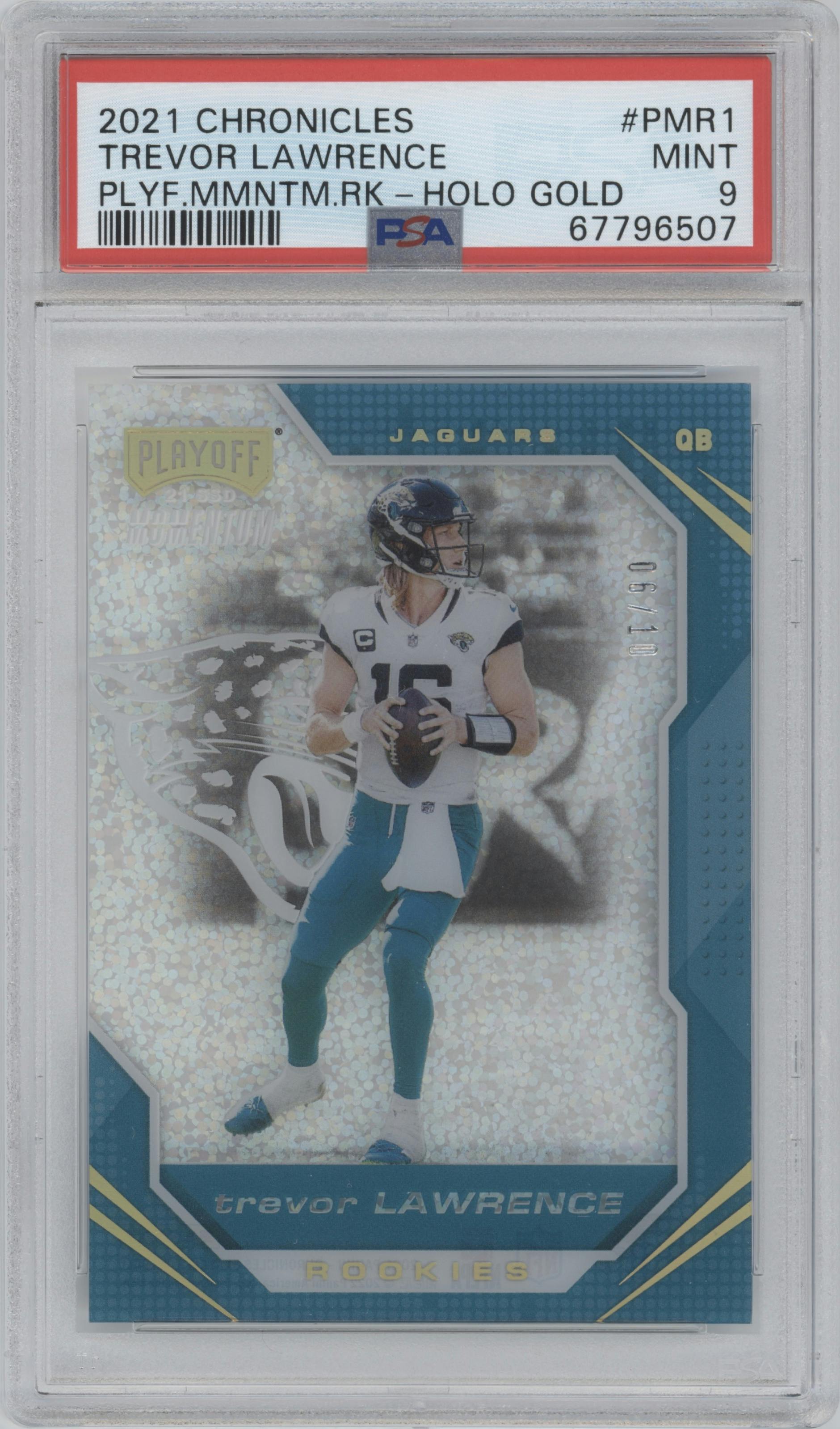 Trevor Lawrence  from the 2021 Panini Chronicles set featuring a Holo Gold parallel graded by PSA and given an overall grade of 9.