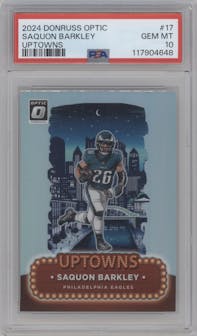 Saquon Barkley from the 2024 Donruss Optic set graded by PSA and given an overall grade of 10.