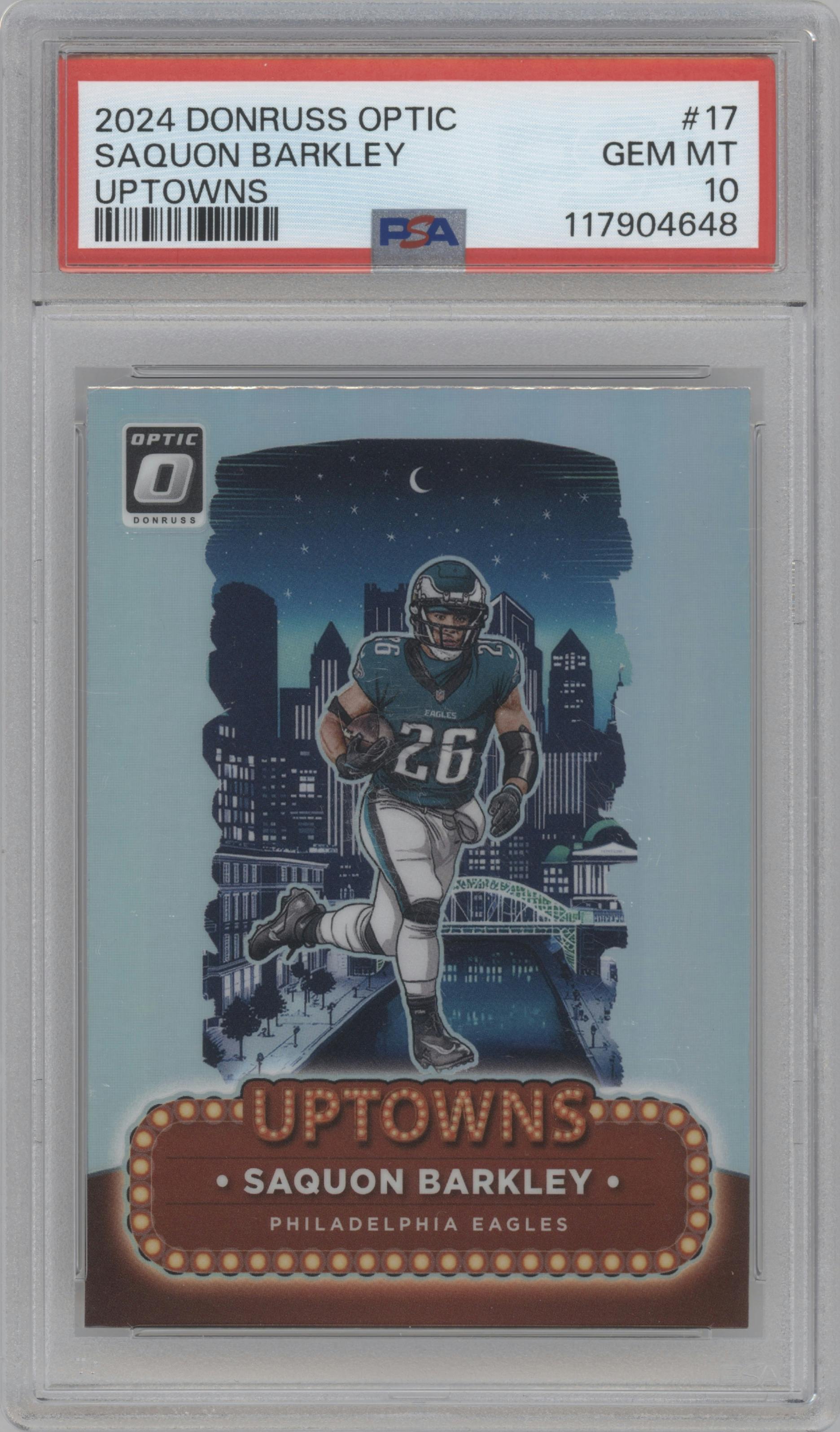 Saquon Barkley from the 2024 Donruss Optic set graded by PSA and given an overall grade of 10.