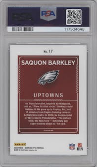 Saquon Barkley from the 2024 Donruss Optic set graded by PSA and given an overall grade of 10.