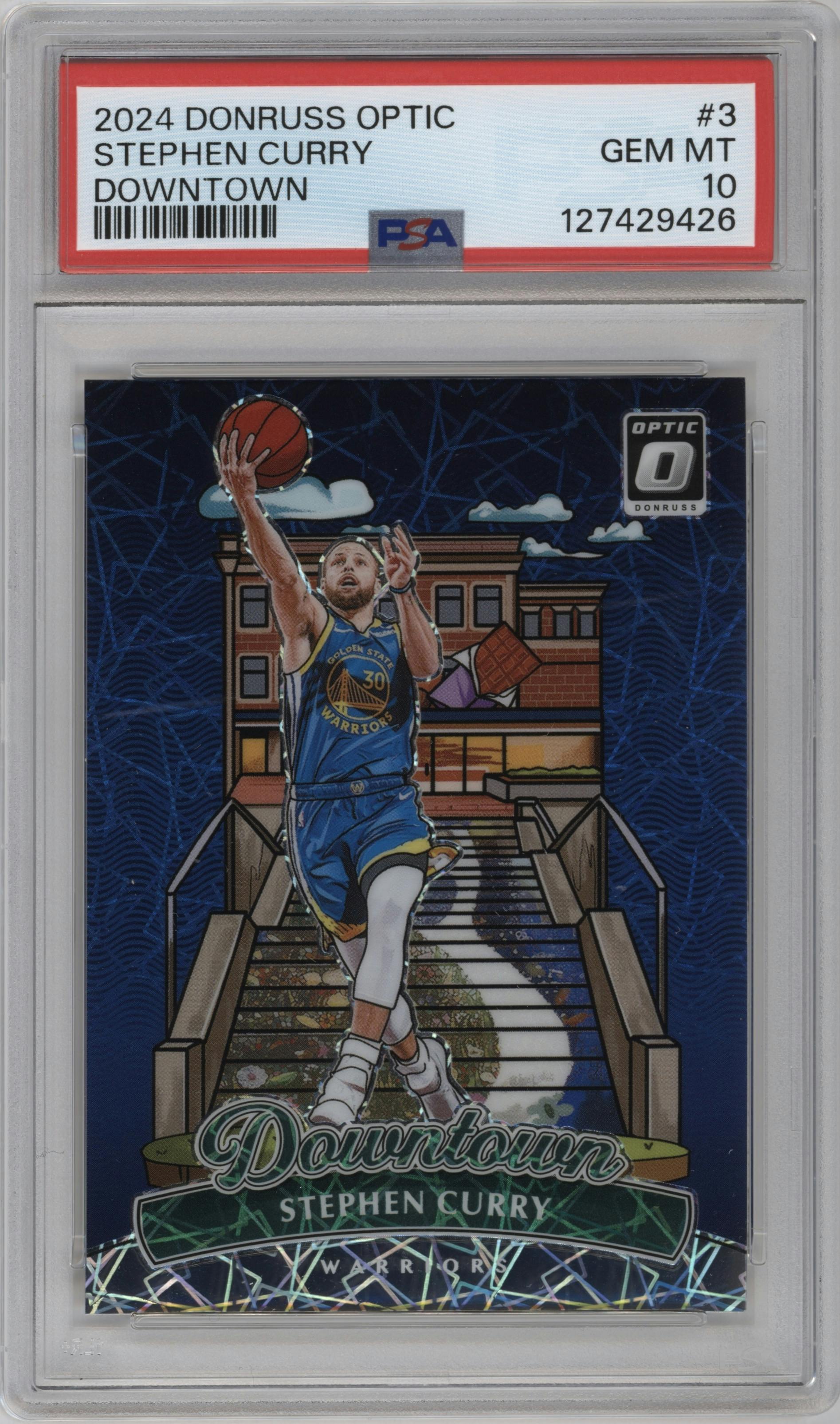 Stephen Curry from the 2024-25 Donruss Optic set graded by PSA and given an overall grade of 10.