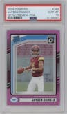 Jayden Daniels from the 2024 Donruss set featuring a Pink parallel graded by PSA and given an overall grade of 10.