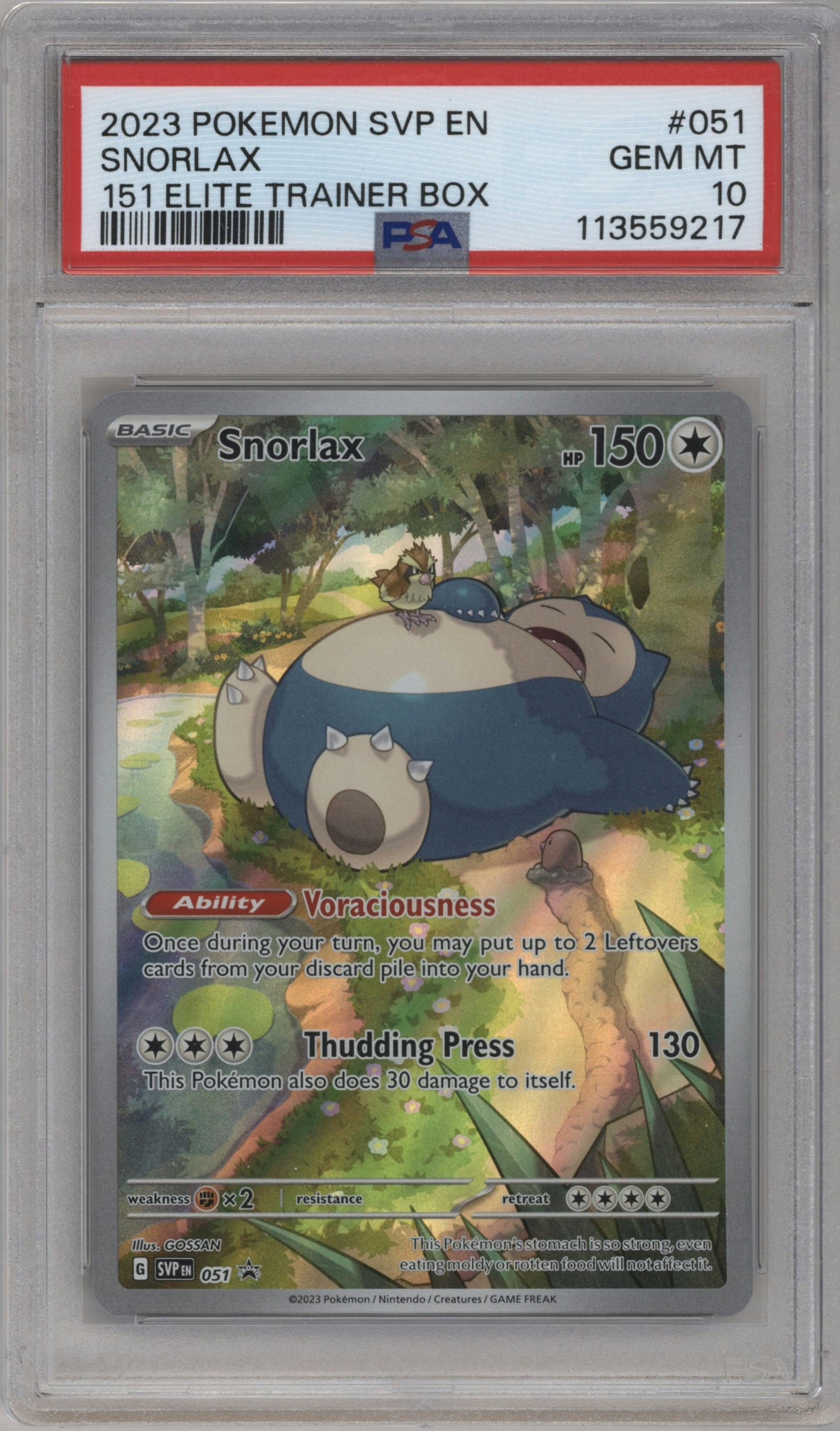 Snorlax from the 2023 Pokemon SV set featuring a Scarlet & Violet 151 Elite Trainer Box parallel graded by PSA and given an overall grade of 10.