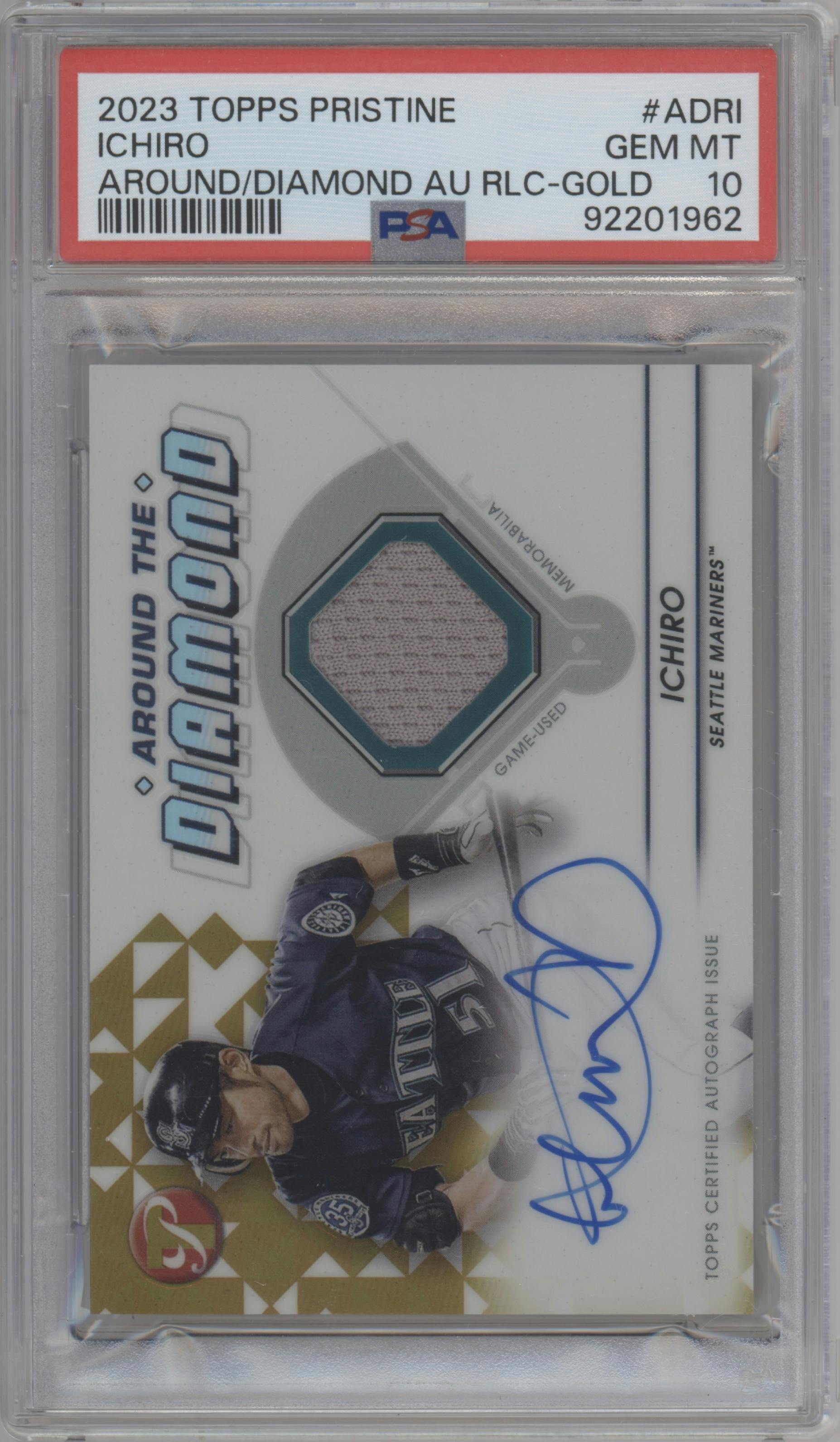 Ichiro from the 2023 Topps Pristine set featuring a Gold Refractor parallel graded by PSA and given an overall grade of 10.
