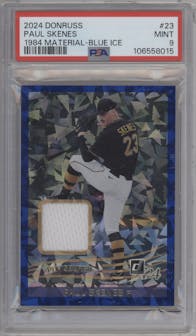 Paul Skenes from the 2024 Panini Donruss set featuring a Blue Ice parallel graded by PSA and given an overall grade of 9.