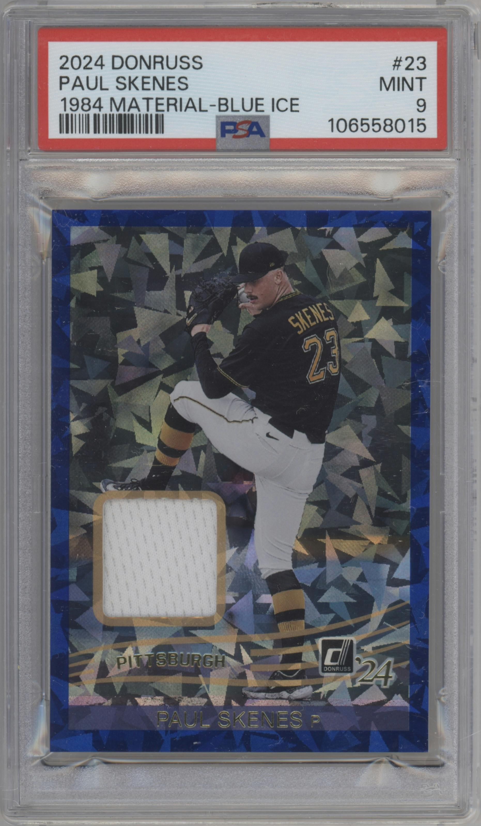 Paul Skenes from the 2024 Panini Donruss set featuring a Blue Ice parallel graded by PSA and given an overall grade of 9.
