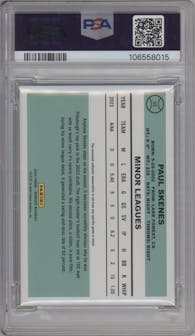Paul Skenes from the 2024 Panini Donruss set featuring a Blue Ice parallel graded by PSA and given an overall grade of 9.