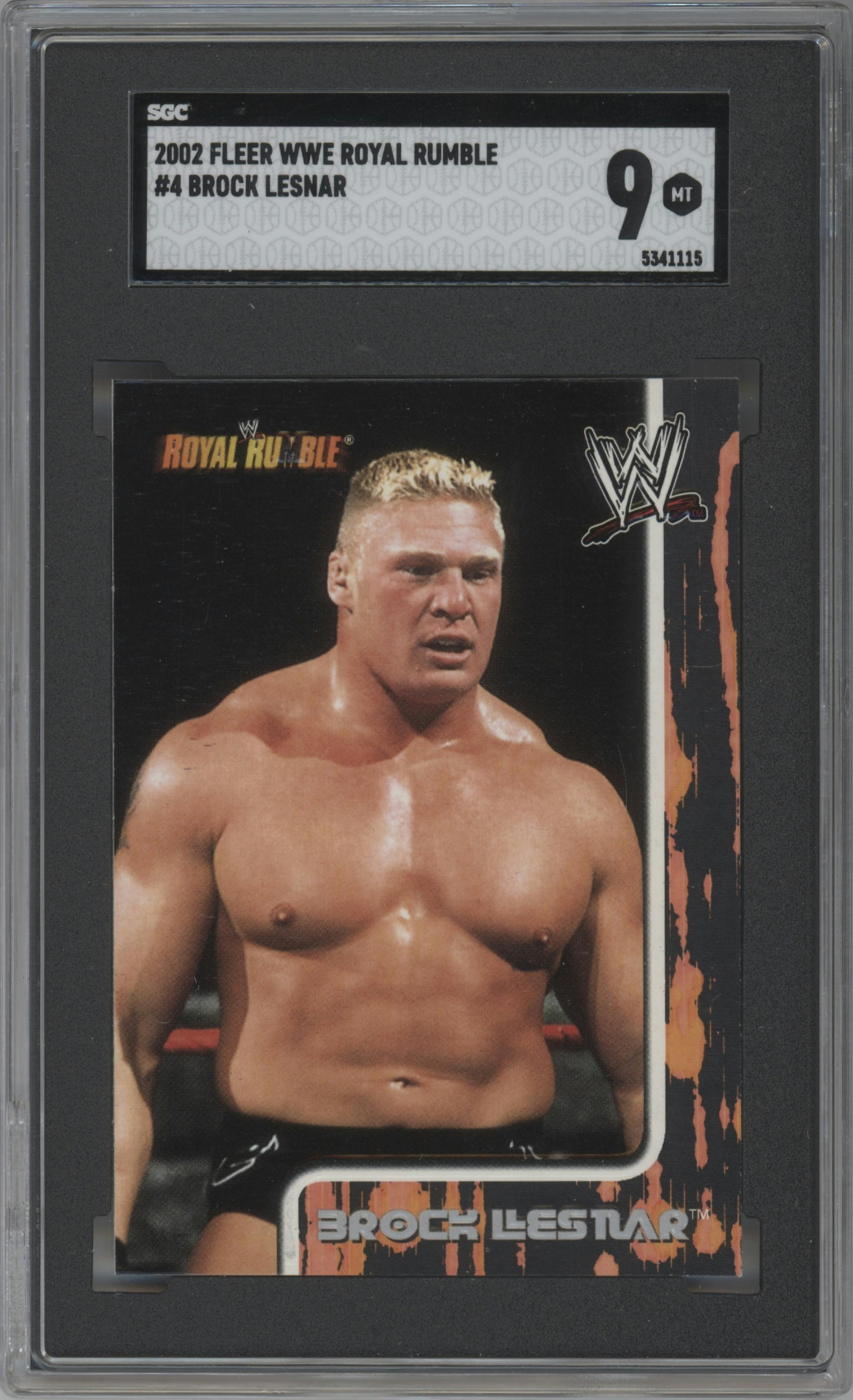 Brock Lesnar from the 2002 Fleer WWE Royal Rumble set graded by SGC and given an overall grade of 9.