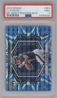 C.J. Stroud from the 2023 Panini Mosaic set featuring a Reactive Blue parallel graded by PSA and given an overall grade of 9.