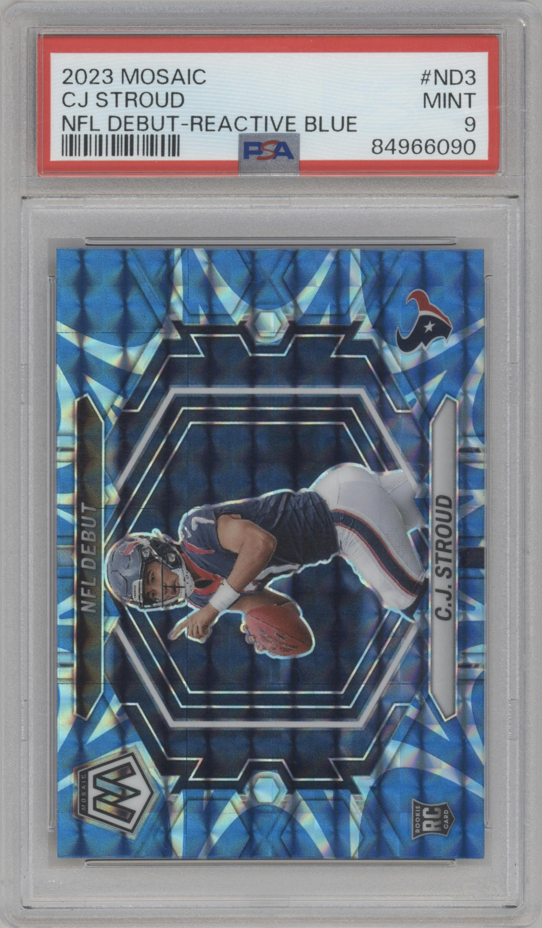 C.J. Stroud from the 2023 Panini Mosaic set featuring a Reactive Blue parallel graded by PSA and given an overall grade of 9.