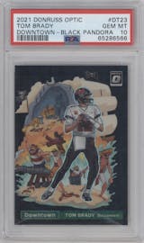 Tom Brady from the 2021 Panini Donruss Optic set featuring a Black Pandora parallel graded by PSA and given an overall grade of 10.