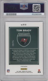 Tom Brady from the 2021 Panini Donruss Optic set featuring a Black Pandora parallel graded by PSA and given an overall grade of 10.