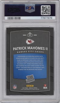 Patrick Mahomes II from the 2017 Panini Donruss set graded by PSA and given an overall grade of 10.