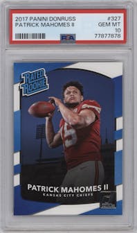 Patrick Mahomes II from the 2017 Panini Donruss set graded by PSA and given an overall grade of 10.