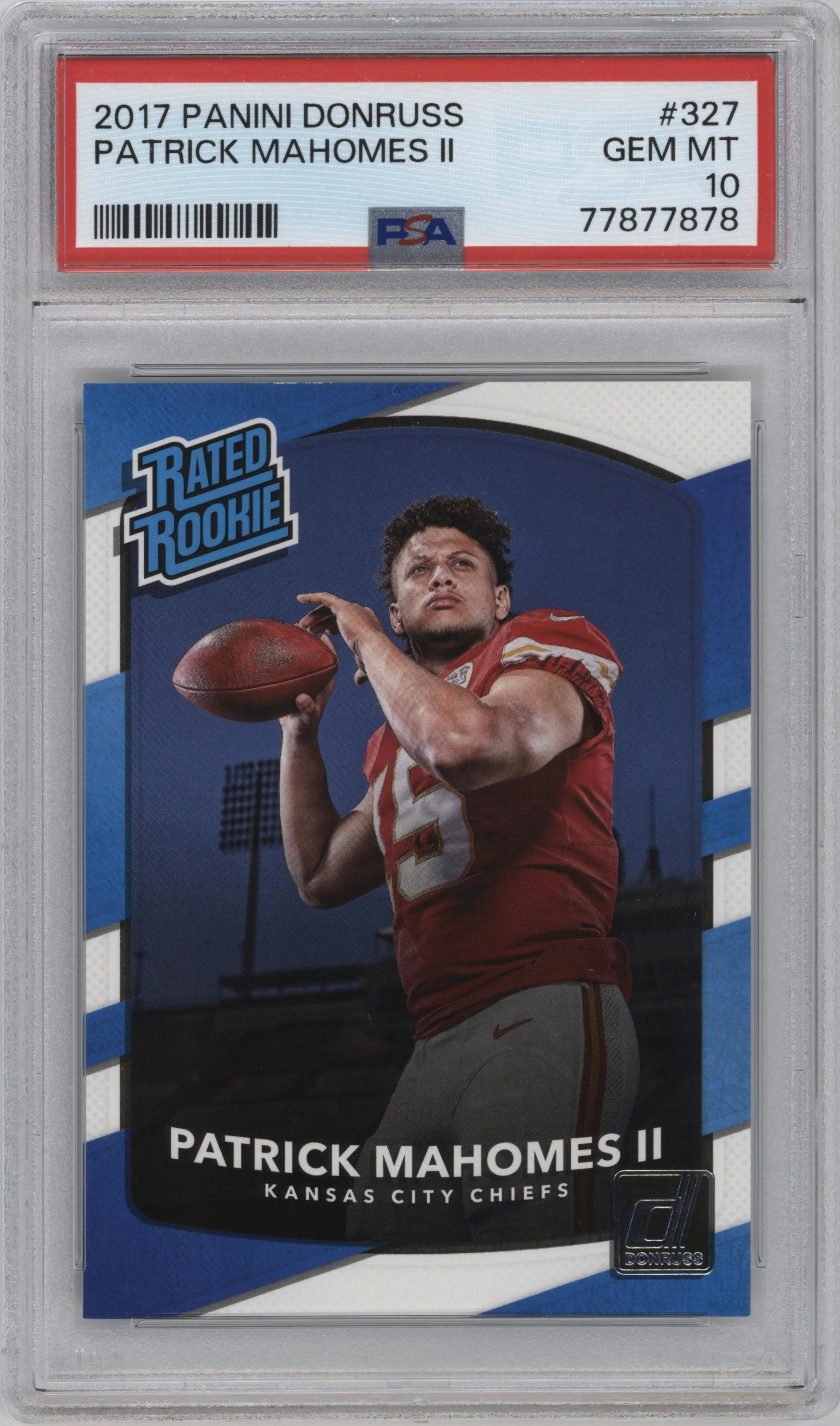 Patrick Mahomes II from the 2017 Panini Donruss set graded by PSA and given an overall grade of 10.