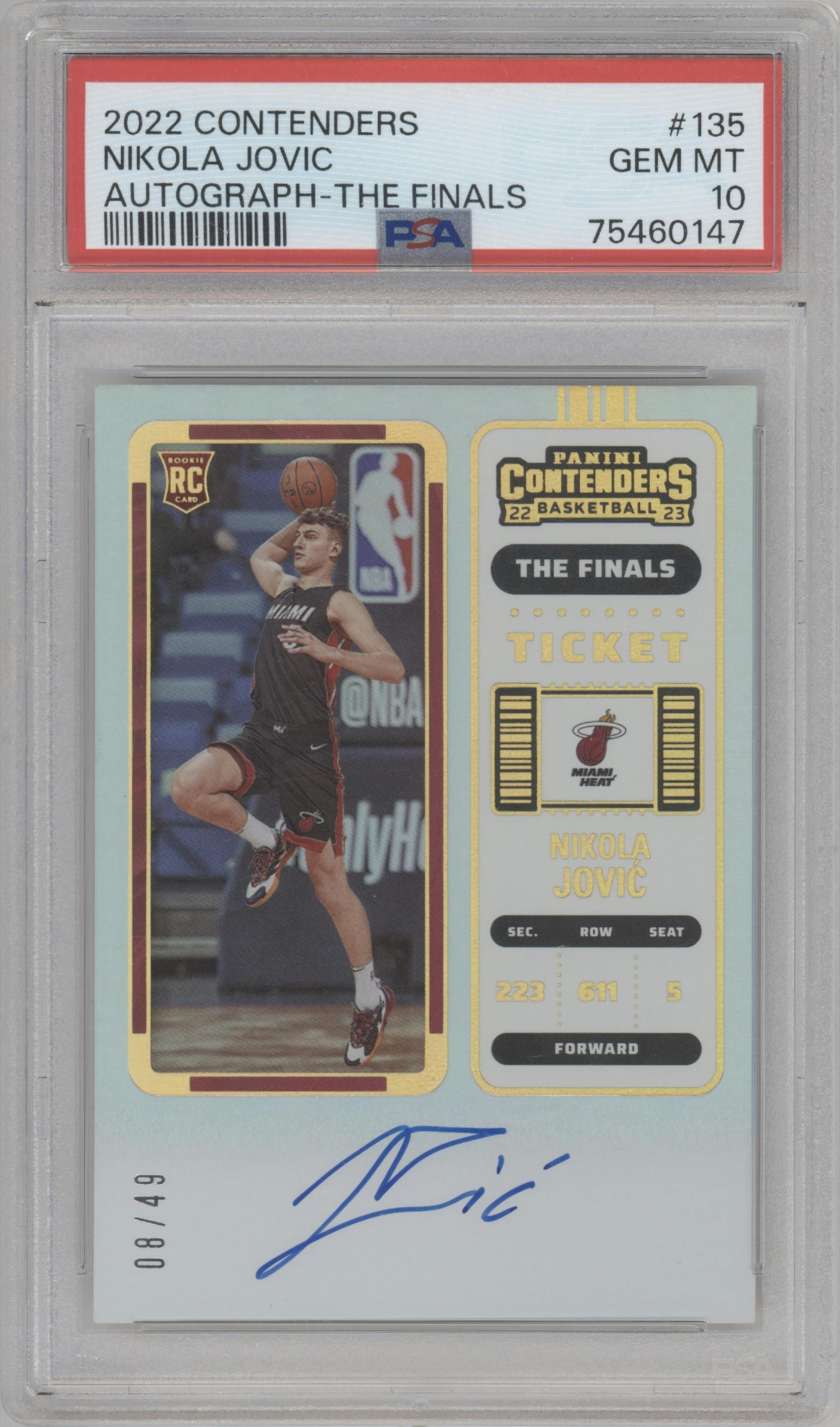 Nikola Jovic from the 2022-23 Panini Contenders set featuring a The Finals parallel graded by PSA and given an overall grade of 10.