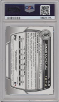 Jacob Gonzalez from the 2023 Bowman Draft set featuring a Blue Refractor parallel graded by PSA and given an overall grade of 10.