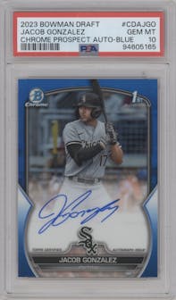 Jacob Gonzalez from the 2023 Bowman Draft set featuring a Blue Refractor parallel graded by PSA and given an overall grade of 10.