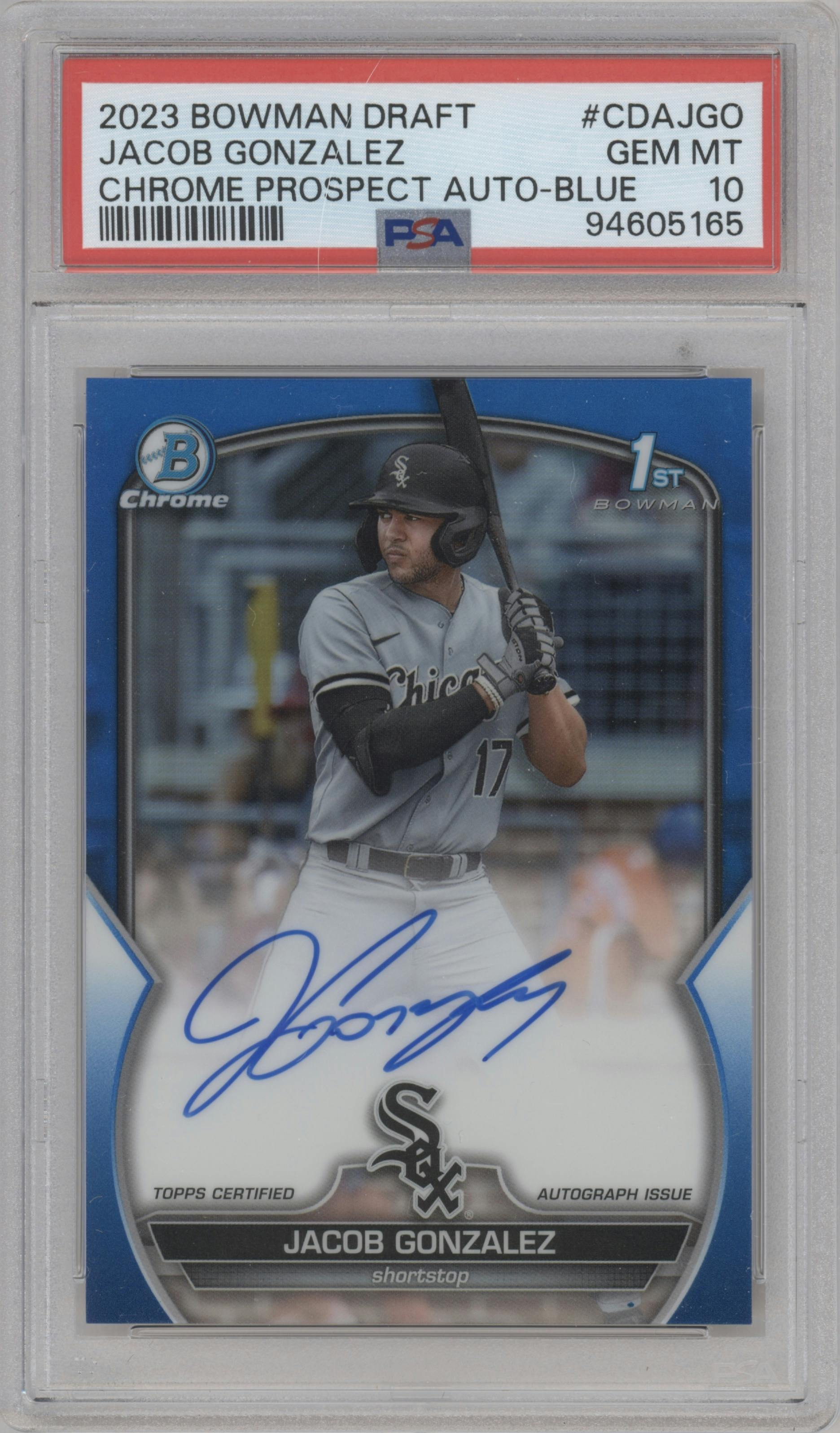 Jacob Gonzalez from the 2023 Bowman Draft set featuring a Blue Refractor parallel graded by PSA and given an overall grade of 10.