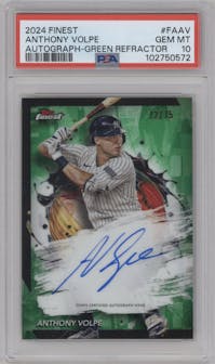 Anthony Volpe from the 2024 Topps Finest set featuring a Green Refractor parallel graded by PSA and given an overall grade of 10.