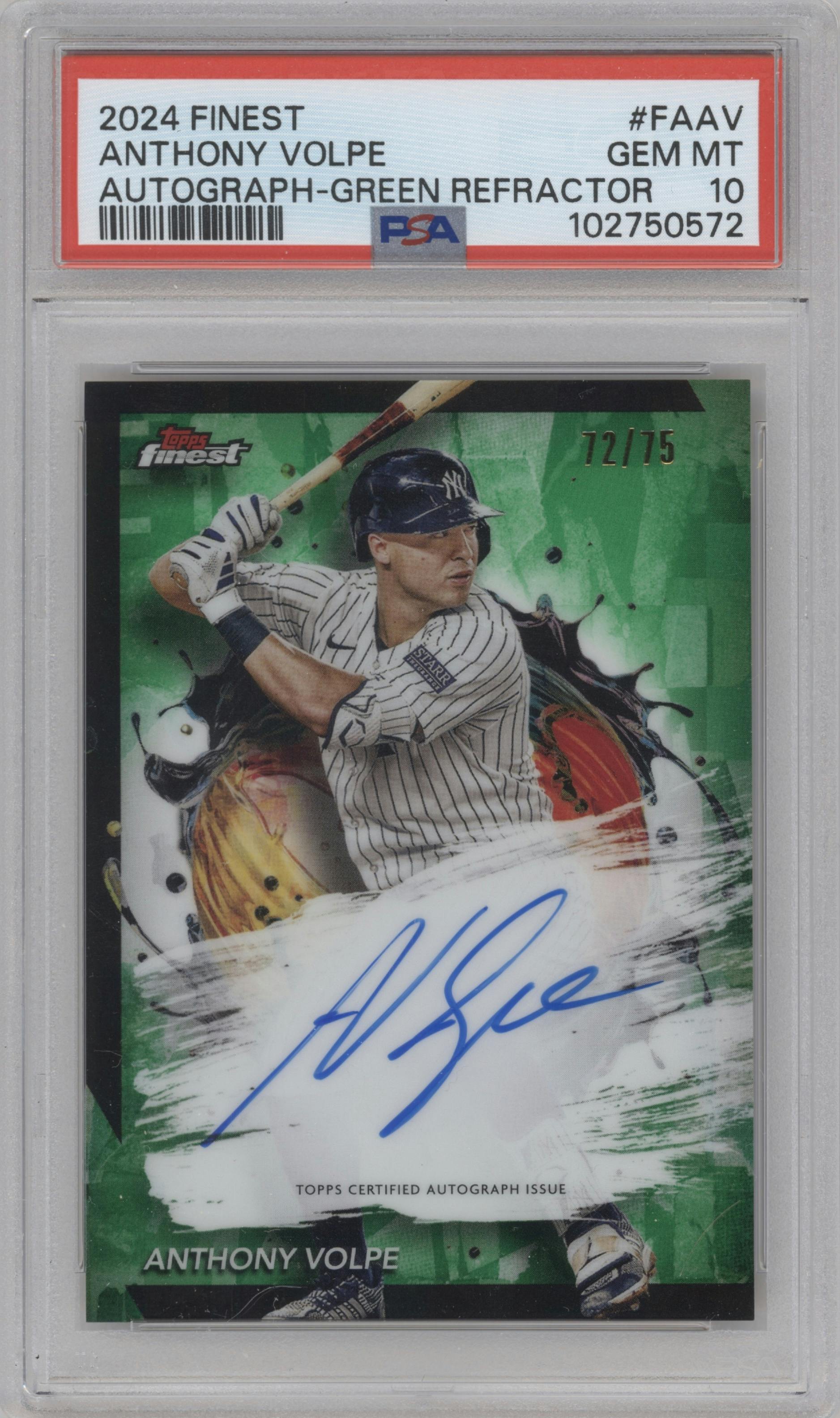 Anthony Volpe from the 2024 Topps Finest set featuring a Green Refractor parallel graded by PSA and given an overall grade of 10.
