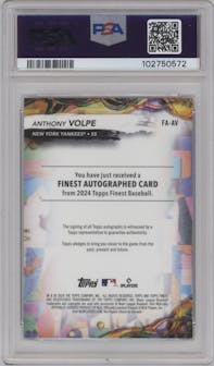 Anthony Volpe from the 2024 Topps Finest set featuring a Green Refractor parallel graded by PSA and given an overall grade of 10.
