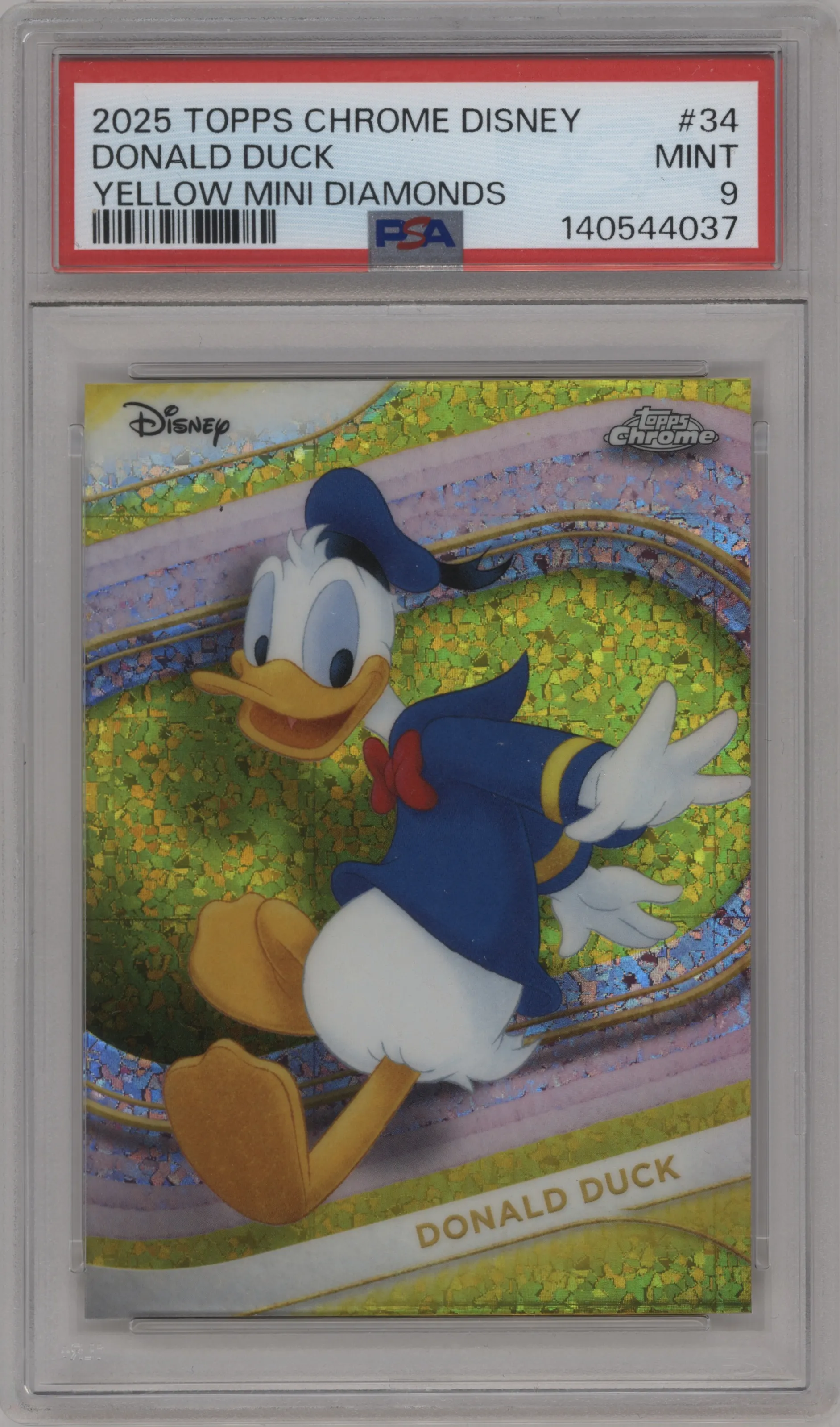 Donald Duck from the 2025 Topps Chrome Disney set featuring a Yellow Mini-Diamonds parallel graded by PSA and given an overall grade of 9.